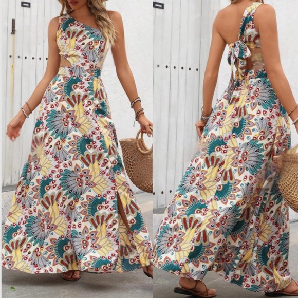 Boho one shoulder open back slit thigh maxi dress  shoulder - Picture 3 of 4